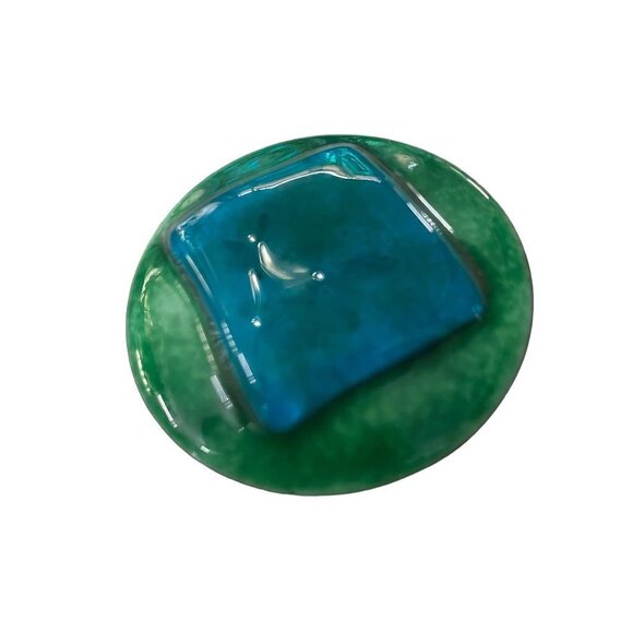 Vintage 1980s Porcelain Brooch Pin Mod Design Blue Green Glazed Copper Trim 2" D - Picture 2 of 12